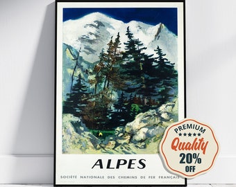 Puede incluir: Un cartel de viaje vintage que anuncia un viaje a los Alpes franceses. El cartel presenta una cordillera nevada con un bosque de pinos en primer plano. El texto del cartel dice "Alpes" y "Société Nationale des Chemins de Fer Français".