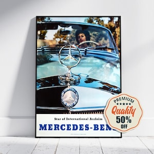 Vintage Fine Art Poster - A4, A1...20x30 inch... Mercedes-Benz SE Cabriolet, Star of International Acclaim, 1965 - Car Advertising Print