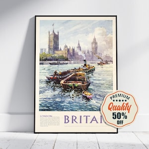 Cartel de bellas artes vintage - A4, A1... 20 x 30 pulgadas... Viaje Londres, Angleterre Tourisme Affiche, Gran Bretaña, Reino Unido, 1955 - Impresión de viaje