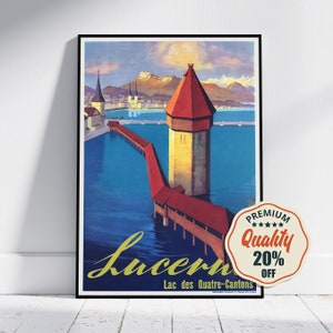 Hi-res print - A4, A3... 20 x 30 inch... Swiss Travel, architectuur Luzern, Lake Mountain, Lac des Quatre-Cantons, Switzerland Bridge, 1936