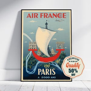 Vintage Fine Art Poster - A4, A1...20x30 inch... Air France Paris, 2000 Years, 1952 - Vintage Advertising Airline Print