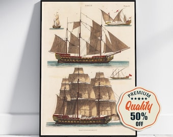 Vintage Fine Art Poster - A4, A2...18x27 inch... Ship Configurations by Masts, John Wilkes, Encyclopaedia Londinensis, 1828 - Ship Print