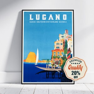 May include: A framed vintage travel poster for Lugano, Switzerland, featuring a vibrant blue sky and lake. The poster showcases colorful buildings, a sailboat, and a boat with people. The text "LUGANO" is at the top.