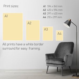 K&ouml;nnte beinhalten: Eine wei&szlig;e Wand mit vier rechteckigen Rahmen in verschiedenen Gr&ouml;&szlig;en, die mit A1, A2, A3 und A4 beschriftet sind. Die Rahmen sind gelb und zeigen die verschiedenen Gr&ouml;&szlig;en der verf&uuml;gbaren Drucke. Der Text unter den Rahmen lautet "Alle Drucke haben einen wei&szlig;en Rand f&uuml;r eine einfache Rahmung."