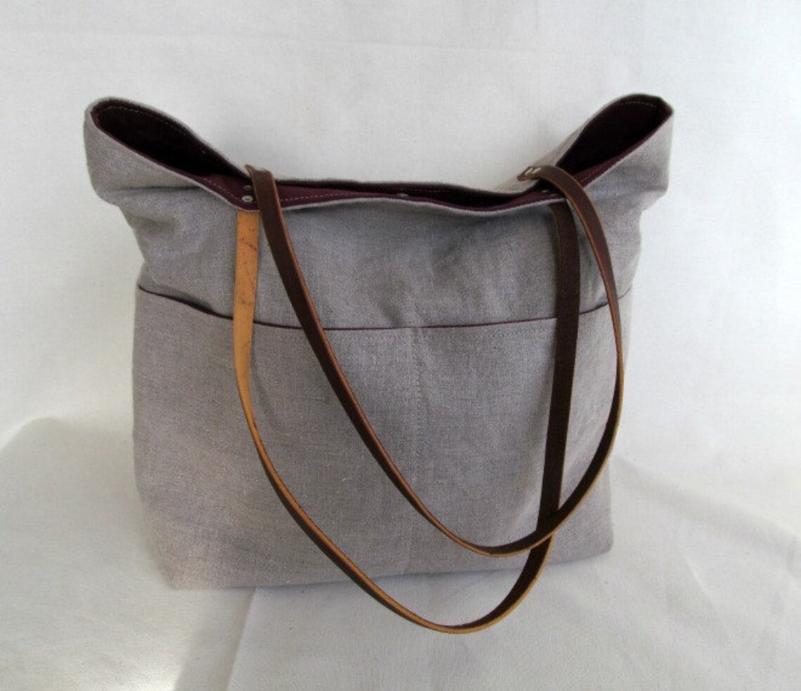 Large LINEN Tote // Pocketed Front Linen Tote Bag // Linen Etsy