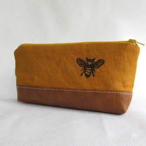 PENCIL POUCH // Honey Bee Pencil Pouch // Bee // Linen and Faux Leather Pouch // Linen Pencil Pouch image 1