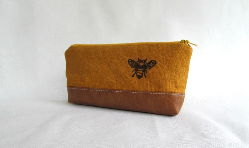 PENCIL POUCH // Honey Bee Pencil Pouch // Bee // Linen and Faux Leather Pouch // Linen Pencil Pouch image 1