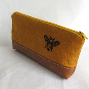 PENCIL POUCH // Honey Bee Pencil Pouch // Bee // Linen and Faux Leather Pouch // Linen Pencil Pouch image 3