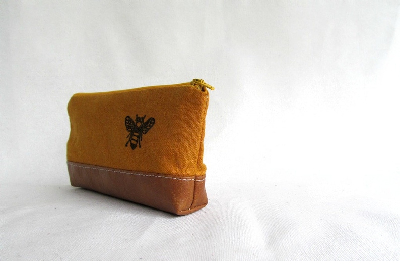 PENCIL POUCH // Honey Bee Pencil Pouch // Bee // Linen and Faux Leather Pouch // Linen Pencil Pouch image 2