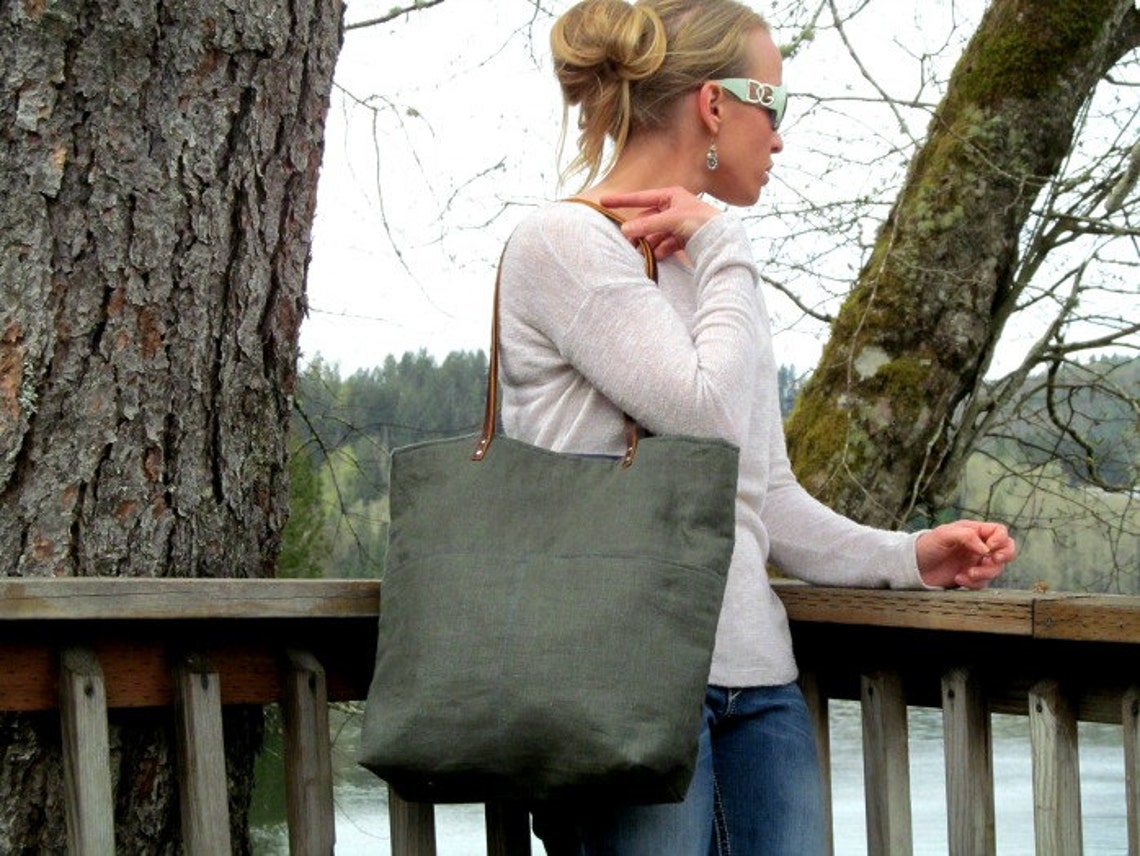 Large LINEN Tote // Pocketed Front Linen Tote Bag // Linen Etsy