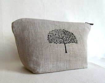 Linen Zippered Pouch // Travel Pouch //Cosmetic Case // Large Zippered Pouch // Handstamped //  Tree //    Natural