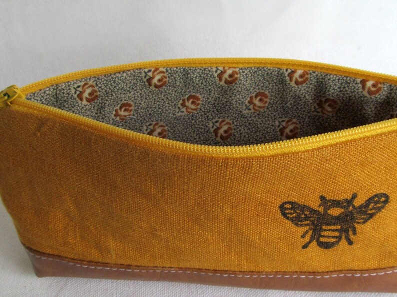 PENCIL POUCH // Honey Bee Pencil Pouch // Bee // Linen and Faux Leather Pouch // Linen Pencil Pouch image 5