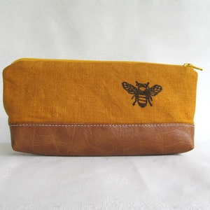 PENCIL POUCH // Honey Bee Pencil Pouch // Bee // Linen and Faux Leather Pouch // Linen Pencil Pouch image 4