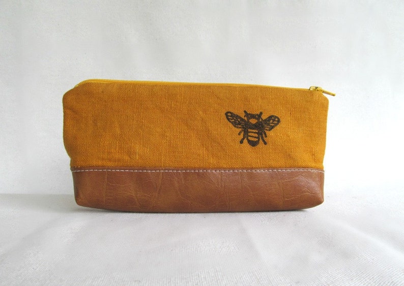 PENCIL POUCH // Honey Bee Pencil Pouch // Bee // Linen and Faux Leather Pouch // Linen Pencil Pouch image 4