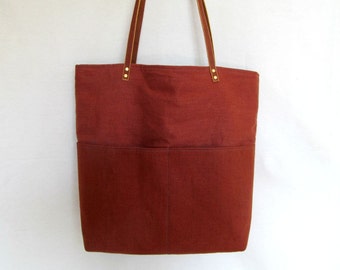 Large LINEN Tote // Pocketed Front Linen Tote Bag // Linen Tote with Leather Straps