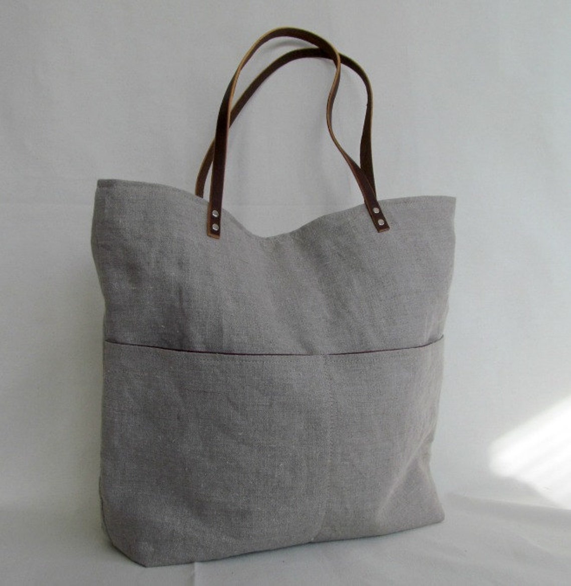 Large LINEN Tote // Pocketed Front Linen Tote Bag // Linen Etsy