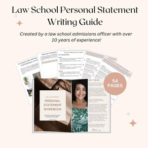 May include: A guide to writing a law school personal statement, with 54 pages of tips and worksheets. The cover features a woman with a tropical print shirt and the title "The Law School Personal Statement Workbook".