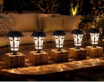Solar Garden Lantern on Wooden Base, Outdoor Pathway Light, Waterproof Solar Landscape Light, Yard Patio Decor, Garden Gift