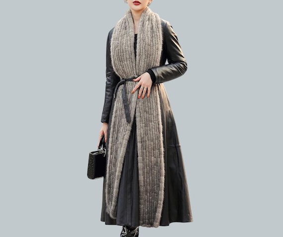 Women's Genuine Leather Long Coat, Detachable Fur Trench Coat