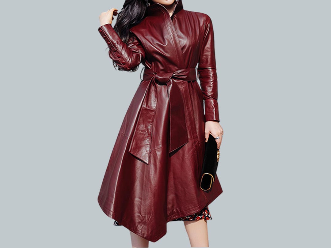 Women's Genuine Leather Maxi Trench Coat, Retro Fashion Overcoat