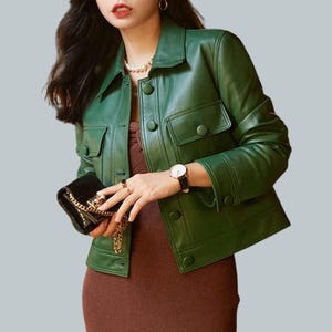 Blouson en cuir véritable pour femme, vestes en cuir véritable pour femme, cuir souple, vert, veste tendance, motard pour femme, vestes, cadeau pour