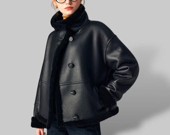 レディース本革シアリングジャケット、カスタムフィットフェイクファー