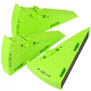 May include: Three bright lime green wedge-shaped levelling tools featuring an adjustable dial with plus and minus symbols. Each tool is marked with the text F 30 degrees and includes a black rubberised base strip for grip and stability.