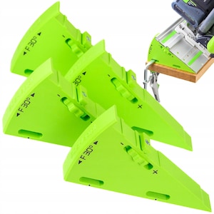 May include: Three bright lime green triangular woodworking guide blocks featuring an F 30 degree angle marking, a central adjustment dial, and plus and minus symbols. One guide is shown attached to a wooden board with a metal clamp and power tool.