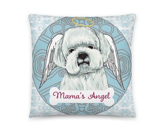 Maltese decorative silky throw pillow to accent sofa or bed as a gift for doggie moms in BLUE