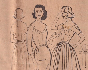 1950s Vintage Sewing Pattern McCalls 4298 Misses Dress with V Shaped Yoke and Skirt Variations 1957 NO ENVELOPE Size 14 UNCUT