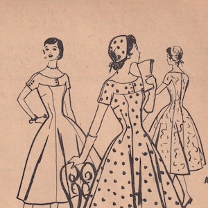 May include: Vintage sewing pattern for a dress with a fitted bodice and a full skirt. The pattern includes three different views, one with a polka dot print, one with a solid fabric, and one with a floral print. The pattern number is 3626 and is printed in the USA.