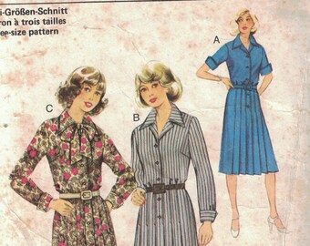 1980s Vintage Sewing Pattern Burda 2 3094 Misses Button Front Pleated Skirt Shirtwaist Dress Size 12-16 CUT Size 16