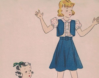 1940s Vintage Sewing Pattern Simplicity 2848 Girls Suspender Skirt Blouse Bolero Jacket Peter Pant Collar Size 6 Breast 24 1940s 40s