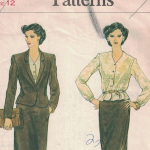 1980s Vintage Sewing Pattern Vogue 7440 Misses Suit Jacket SLim Skirt Blouse Size 12 Bust 34 80s