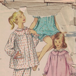 1950s Vintage Girls Sewing Pattern Simplicity 1828 Girls Pajamas Nightgown Night Shirt Size 8 Breast 26 50s