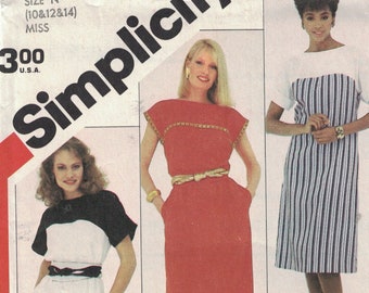1980s Vintage Sewing Pattern Simplicity 6024 Misses Pullover Colorblock Dress Bateau Neckline Pockets Size 10 12 14 Bust 32 34 36 1983 UNCUT