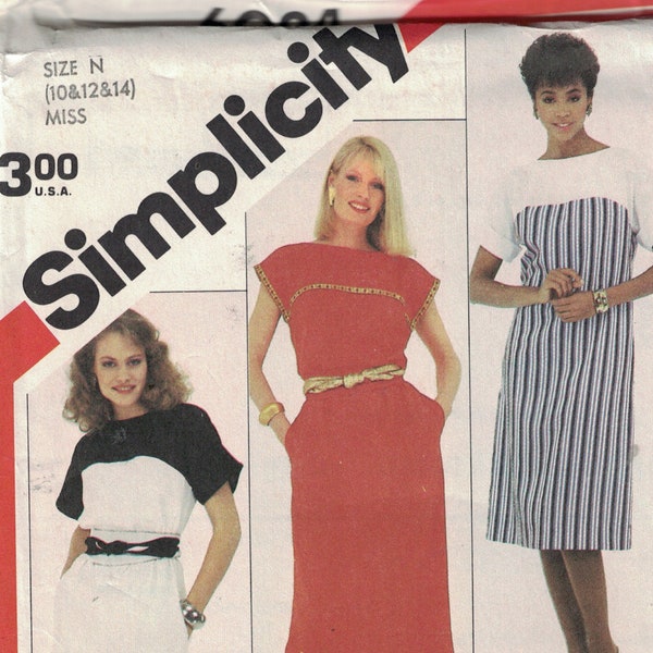 1980s Vintage Sewing Pattern Simplicity 6024 Misses Pullover Colorblock Dress Bateau Neckline Pockets Size 10 12 14 Bust 32 34 36 1983 UNCUT