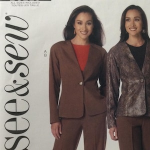 May include: A vintage sewing pattern titled "see & sew" with the number B6119. The pattern features two women modeling brown suits with jackets and pants. The pattern includes sizes 6-22 and has the text "YES! IT'S easy".