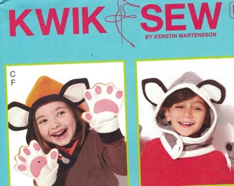 Craft Sewing Pattern Kwik Sew K4202 4202 Kids Fleece Animal Hats with Ears and Furry Paw Mittens Hoods Gift UNCUT