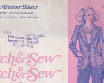1970s Vintage Sewing Pattern Stretch and Sew 1035 One-Button Blazer Jacket Double Breasted Size 30-42 1975 UNCUT
