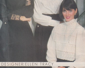 1980s Misses Sewing Pattern Butterick 6193 Misses Back Buttoned Standing Collar Lace Edwardian Style Blouse by Ellen Tracy Size 10 UNCUT