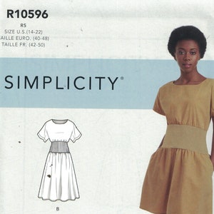 May include: A sewing pattern for a dress with three different styles. The pattern is for sizes US 14-22, Euro 40-48, and French 42-50. The pattern is called Simplicity R10596.