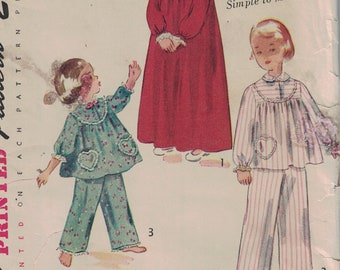 1950s Vintage Sewing Pattern Simplicity 3376 Girls Two Piece Pajamas or Nightgown with Yoked Front Size 4 Breast 23 1940s