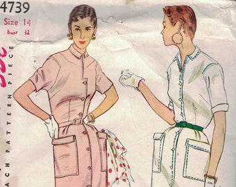 1950s Vintage Sewing Pattern Simplicity 4739 Misses Button Front Slim Shirtwaist Dress with Large Pockets Size 14 Bust 32 50s - MISSING CUFF