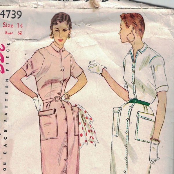 1950s Vintage Sewing Pattern Simplicity 4739 Misses Button Front Slim Shirtwaist Dress with Large Pockets Size 14 Bust 32 50s - MISSING CUFF