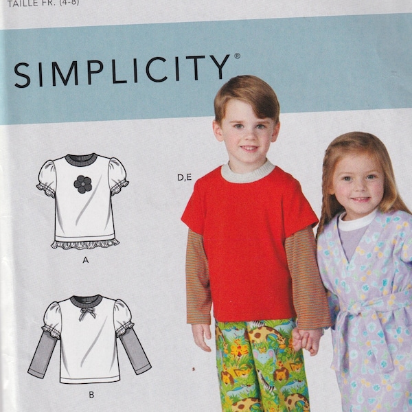 Kids Sewing Pattern Simplicity 1573 R10700 Toddler and Childs Robe Pants and Knit Tops Pajamas PJs Size 1/2-3 or 4-8 UNCUT