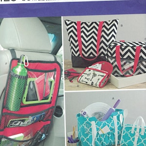 May include: A sewing pattern for making various bags and organizers. The pattern includes instructions for making a tote bag with a chevron pattern, a smaller zippered bag, a car seat organizer, and a hanging organizer. The pattern is from Simplicity and is size OS (one size).