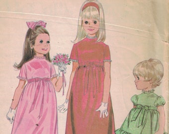 1960s Vintage Sewing Pattern McCalls 9384 Girls High Waist Dress with Puff Sleeves Ruffle Size 4 Breast Chest 23 1968 60s COMPLETE