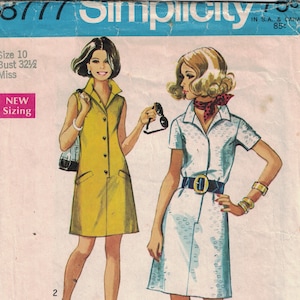 1970s Vintage Sewing Pattern Simplicity 8777 Misses A Line Jiffy Easy Button Front Flared Open Collar Dress Size 10 Bust 32 1/2 1970 70s CUT