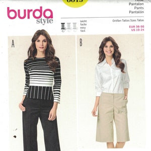 May include: Burda Style sewing pattern for pants with seam and hem allowances. The pattern includes two different styles of pants, one with a wide leg and one with a shorter length. The pattern is available in sizes 36-50 EUR and 10-24 US.